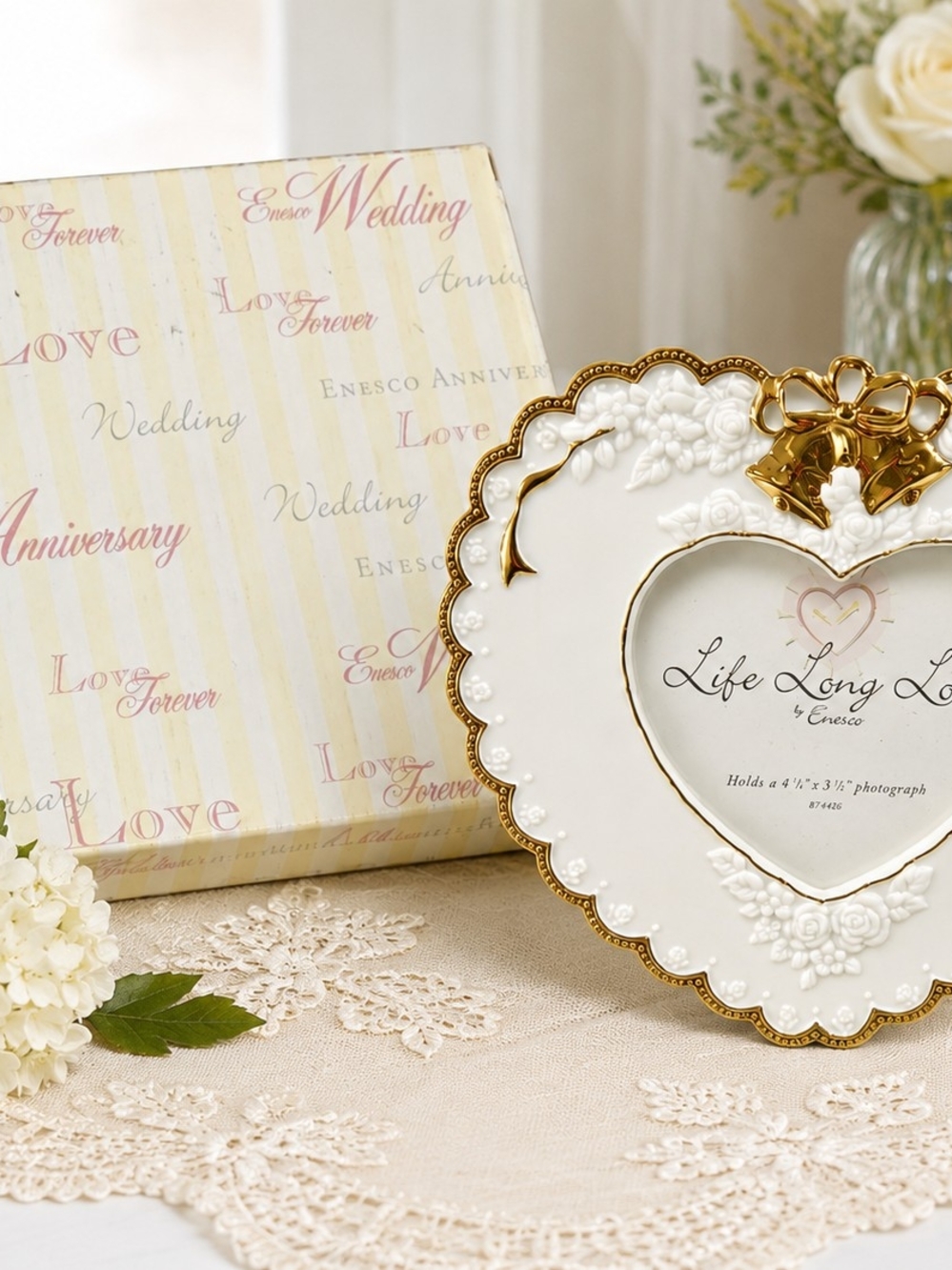 Enesco White and Gold Heart Frame with Floral Accent